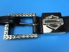 99428-09 Womens Sz Xs Crystal Bling Logo Embossed Black Leather Belt