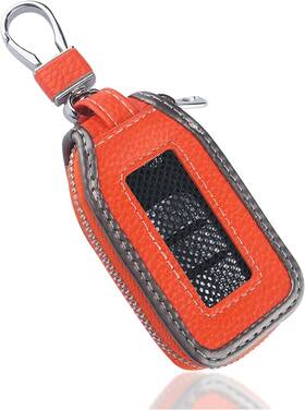 Fob-2602 Carleef Car Key Fob Cover Case Leather Holder With Mesh Orange/gray