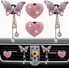 74275 Jowxsx Pink Heart And Butterfly Pandent Air Vent Clips 4 Pcs Bling
