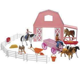 Ss-05786 New Ray Toys Valley Ranch Playset - Barnyard With Wagon And Horses