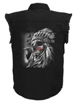 Mens Native American Indian Chief Headdress Denim Twill Sleeveless Biker Shirt. Fixed Price $78.40.