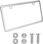Stainless Steel Slim License Plate Frame With Metal Screw Caps, 2 Hole Polished. Fixed Price $15.99.