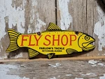 Vintage Fish Porcelain Sign Old Fly Shop Farlows Tackle Ketchikan Alaska Salmon. Fixed Price $234.95.