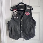 First Manufacturing Leather Biker Vest Mens Xl Patched Black Motorcycle Club Fmc. Fixed Price $45.00.