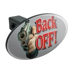 Back Off Armed 9MM Gun 2ND Amendment Oval Tow Trailer Hitch Cover Plug Insert. Fixed Price $8.99.