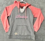 Indian Motorcycle Women Sz. Med. V-neck Raglan Hoodie Pink & Gray Embroidered. Fixed Price $25.00.
