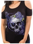 New Lethal Threat Purple Floral Skull Shoulder Peek Ladies Black Shirt. Fixed Price $29.95.