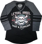 Lethal Threat Women's Fast & Fearless Raglan Sleeve Shirt Black Gray LA70203-1X. Fixed Price $22.69.
