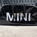 Mini Cooper Black Patent Duffel Bag Large 27 Weekender Red Lining Strap. Fixed Price $30.00.