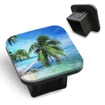 Tropical Beach Trailer Hitch Cover With Palm Trees And Blue Sea Plug Insert. Fixed Price $15.84.