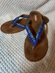 Mad Love Women Size 10 Sandal Slip Thong Flip Flops Blue White Straps. Fixed Price $5.00.
