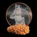 Vintage Edmonston Etched Art Glass Fox, Copper Frame Coral Base, Signed 5. Fixed Price $42.00.