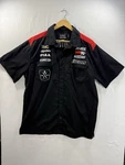 Icon Motosports Shop Shirt Mens Large Black Red Racing Button Up Kingsley Logos. Fixed Price $30.00.