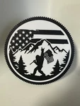 Patriotic Sasquatch Carrying Flag The Mountains Trailer Hitch Cover. Fixed Price $22.00.